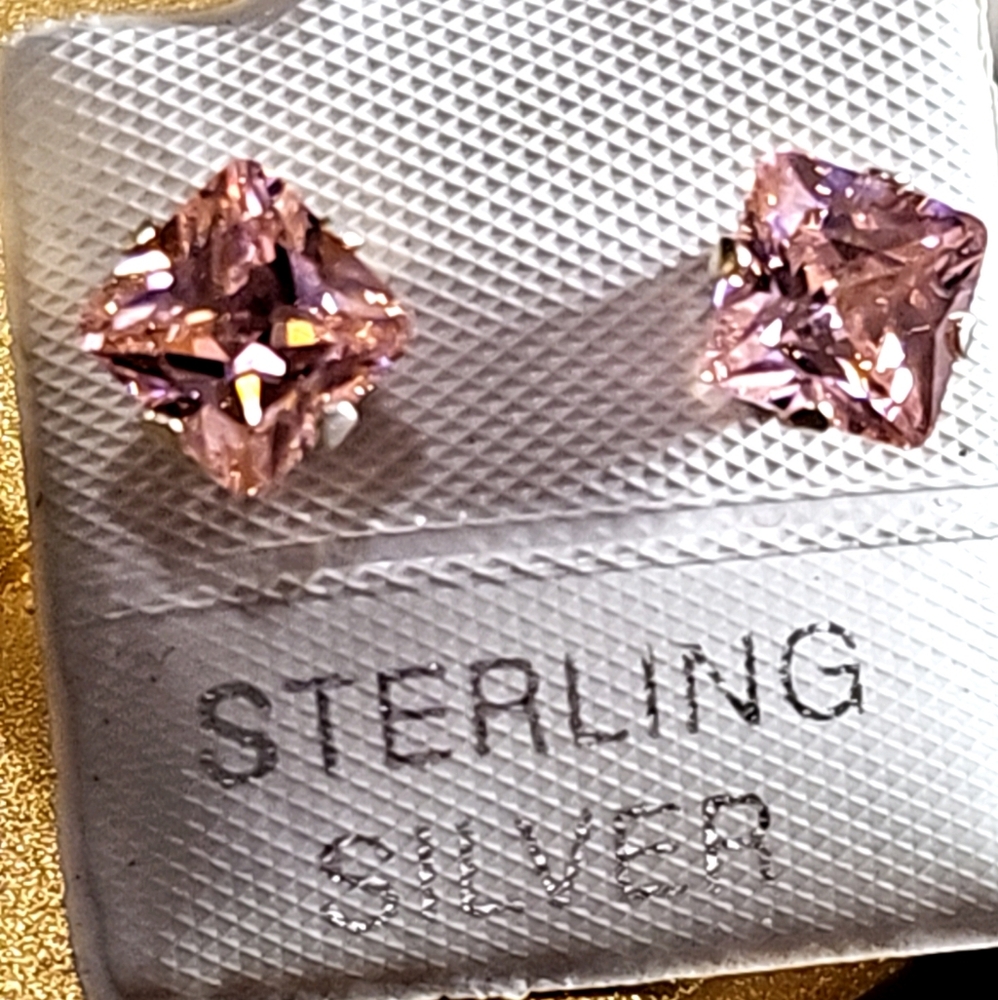 Sterling Silver Pink Solitiare Post Earrings - Picture 2 of 4